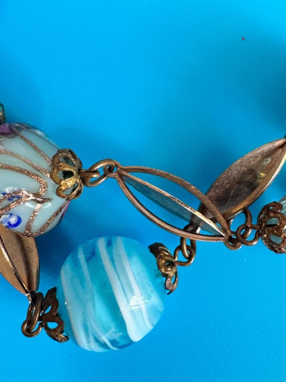 Vintage Venetian Murano Wedding Cake Glass Bead Necklace Blue Aventurine 17" - Picture 16 of 16